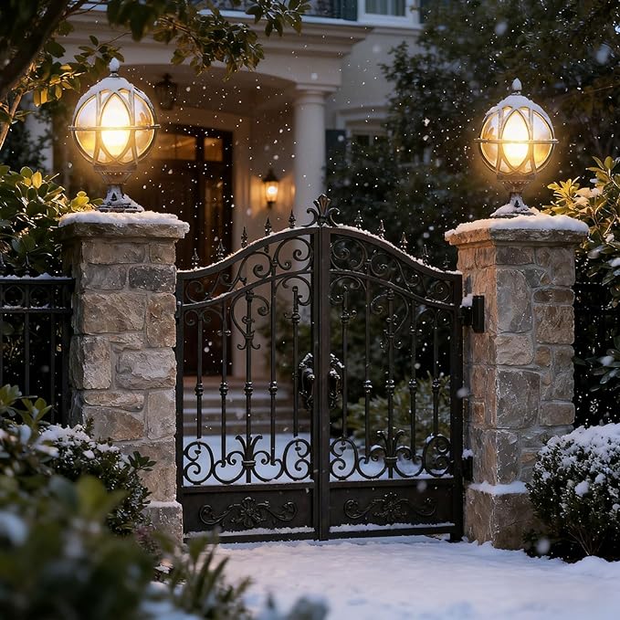 Outdoor Post Light Fixture Retro Amber Glass Ball Pillar Lights Waterproof Exterior Column Lamp Villa Courtyard Garden Park Doorpost Light Landscape Fence Bollard Pedestal Light