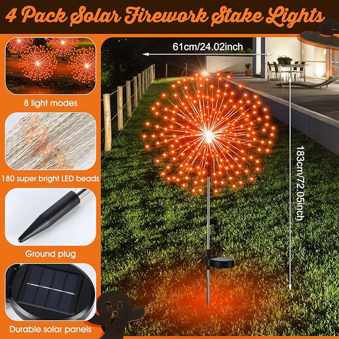 6 Pcs Easter Solar Firework Stake Lights 180 LED 8 Modes Solar Waterproof LED Sparkler Lights Outdoor Decoration for Easter Day Xmas Holiday Garden Patio Yard Pathway Walkway Orange
