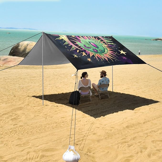 ALAZA Moon Stars Alchemy Beach Tent Sun Shelter UPF50+ Protection Beach Shade Canopy w/ 4 Sandbags for Outdoor Camping Fishing Backyard Fun Picnic 10x9 ft