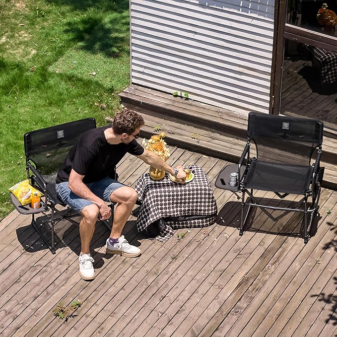 EVER ADVANCED Camping Directors' Chair with Side Table Portable Folding with Compact Size Breathable &amp Quick Dry Design Heavy Duty Lawn Chair with Pocket 400lbs Textilene Mesh Black