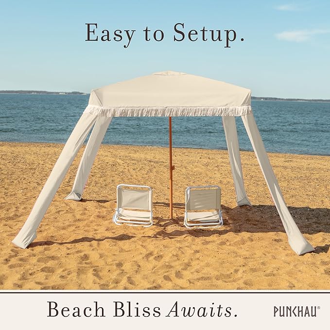 Beach Cabana with Fringe - 6x6 Ft. Boho Beach Canopy Umbrella Tent Portable Umbrellas for Sand with Carry Bag &amp Sandbag Pockets Instant Sun Shade Canopy Tent for Beaches &amp Backyards