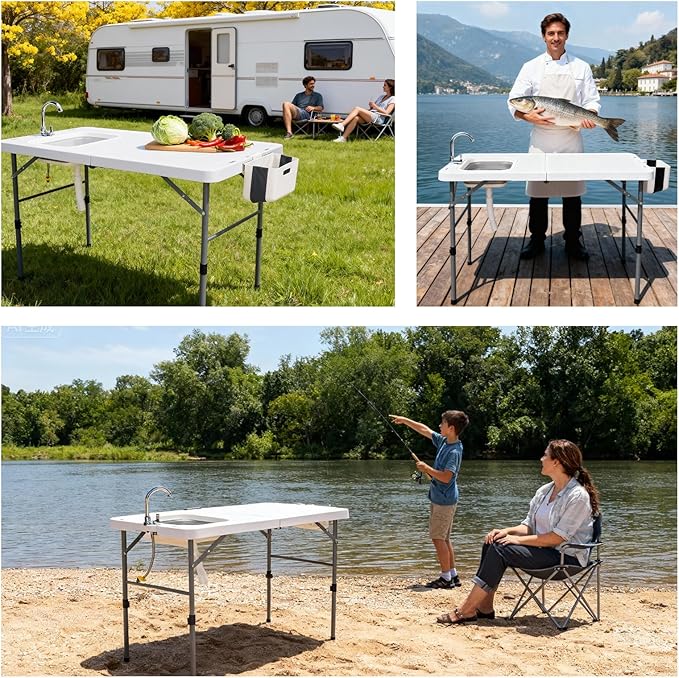 Outvita Fish Cleaning Table 50 Folding HDPE Outdoor Fish Cleaning Station with Sink and Trash Can 360° Stainless Steel Faucet Drainage Hose Working Platform for Camping Food Handling