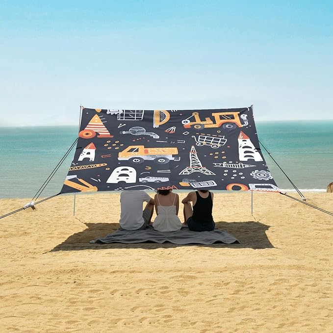 Childish Seamless Pattern with Building Equipment Cre Camping Sun Shelter Beach Tent Portable Beach Sun Shade Outdoor Canopy for Camping Trips Fishing Picnic
