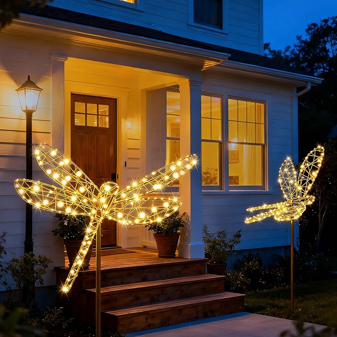 Flacchi Solar Lights Outdoor - Solar Garden Lights Dragonfly Decor with 240LED Solar Powered Iron Waterproof Easy to Install for Pathway Garden Decorations Patio Decor Yard Decoration