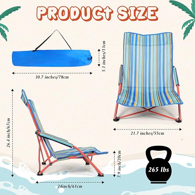 Wenqik 4 Pcs Low Seat Blue Plastic High Back Reclining Beach Chairs with Carry Bag Portable for Outdoor Beach Camping Lawn(Green)