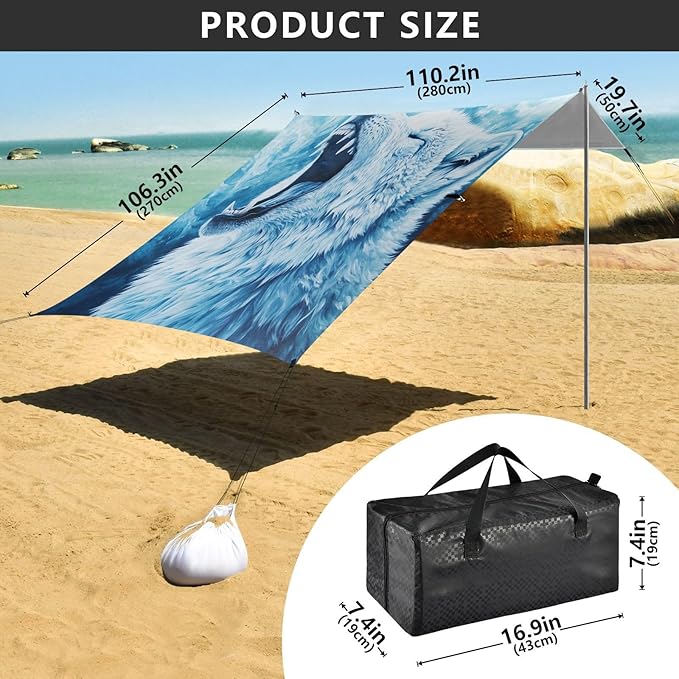 ALAZA Ice Wolf Howling Beach Tent Sun Shelter UPF50+ Protection Beach Shade Canopy w/ 4 Sandbags for Outdoor Camping Fishing Backyard Fun Picnic 10x9 ft