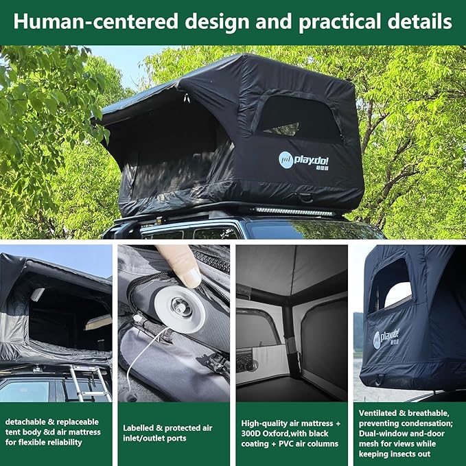 PlayDo Inflatable Rooftop Tent Easy Setup Camping Tent for The Roof of Sedans Pickup Blow Up Roof Top Tents SUV Truck Van Glamping Tent with Porch Strip Light for 2-3 Person
