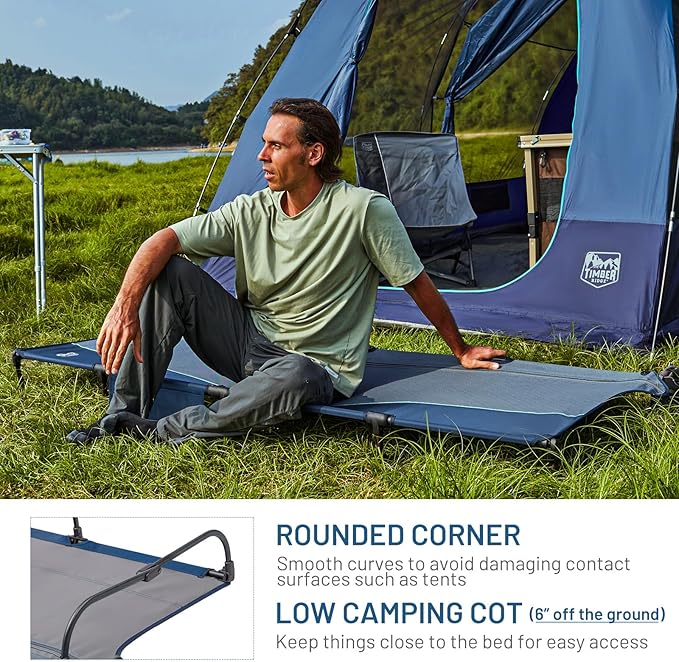 TIMBER RIDGE 20-Second Quick Set-Up Camping Cot Lightweight Aluminum Folding Cot with Zipper Closure Portable Carry Bag Included for Camping Travel and Outdoors Support up to 225lbs Blue