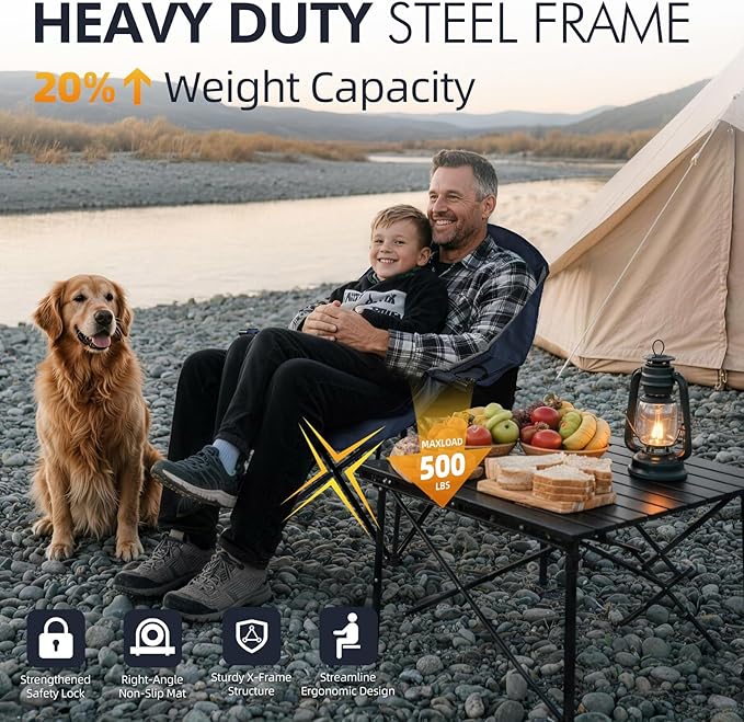 Oversized Camping Chairs for Adults - Heavy Duty Padded Outdoor Folding Lawn XL Camp Chair with Cup Holder Cooler Pockets for Sports Beach Fishing Garden Portable Supports 500lbs Blue/Grey