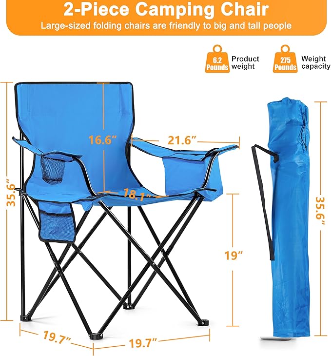 HaSteeL Camping Chair for Adults 2Pcs Large Folding Beach Chairs with Carrying Bag Portable for Outdoor Patio Picnic Lawn Hiking Fishing Travel Cooler/Cup Holder/Storage Pocket (Blue)