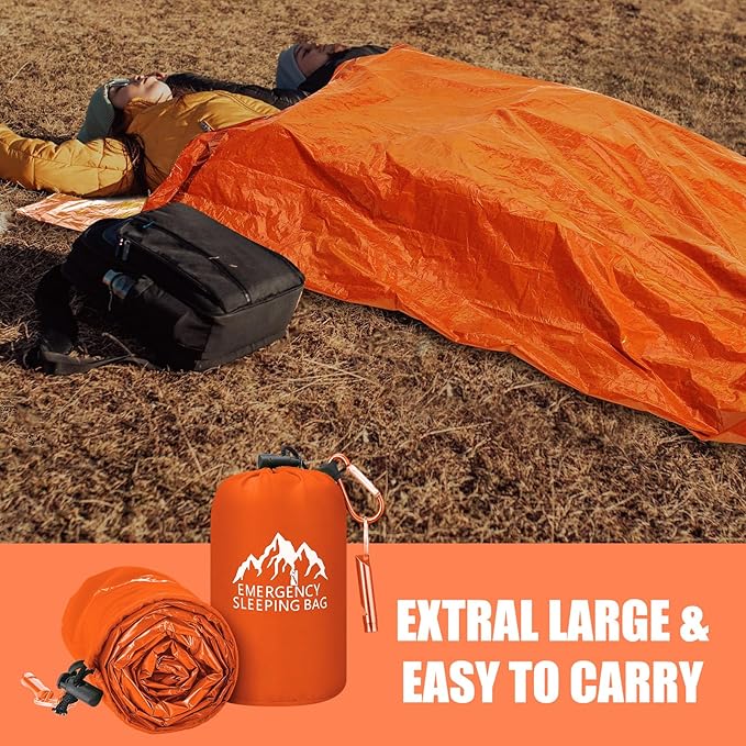 Oudain 6 Pcs XL Emergency Sleeping Bag 94.5 x 49.2 Waterproof Survival Sleeping Bag with Whistle Carabiner Portable Thermal Bivy Sack Emergency Blankets for Camping Hiking Outdoor