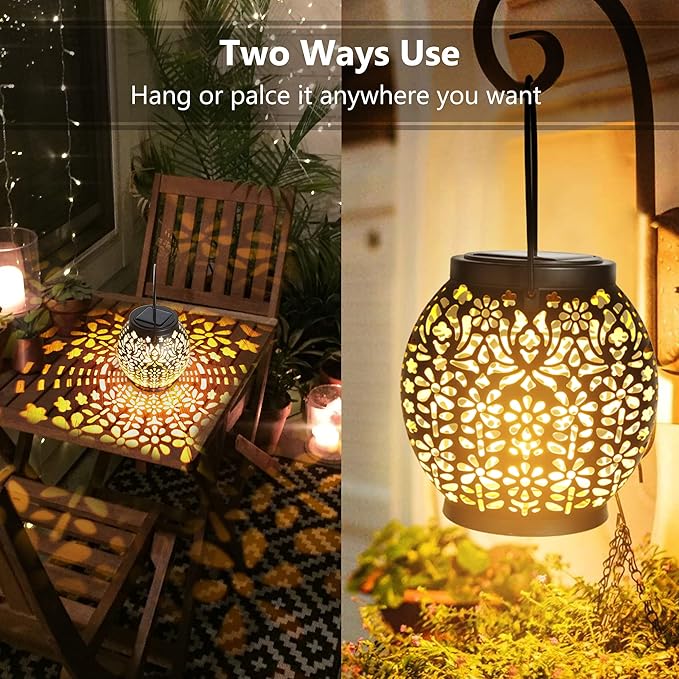 ODEETRONIC 2 Pack Warm White Outdoor Hanging Solar Garden Lanterns with Star Projection Retro Hollowed-Out LED Lights Waterproof for Yard Patio Lawn Porch Pathway Garden