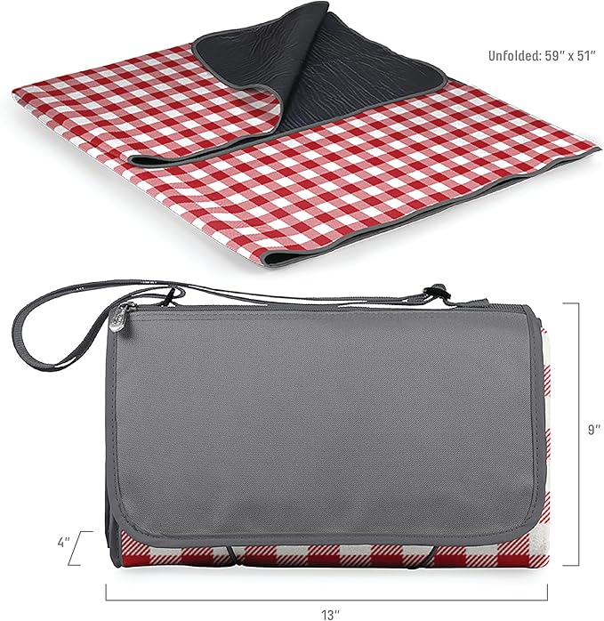 PICNIC TIME Coca-Cola Emoji Blanket Tote Picnic Blanket Folding Outdoor Beach and Camping Blanket with Carry Tote and Zipper Pocket Water Resistant Fleece (Red and White Gingham with Gray Flap)