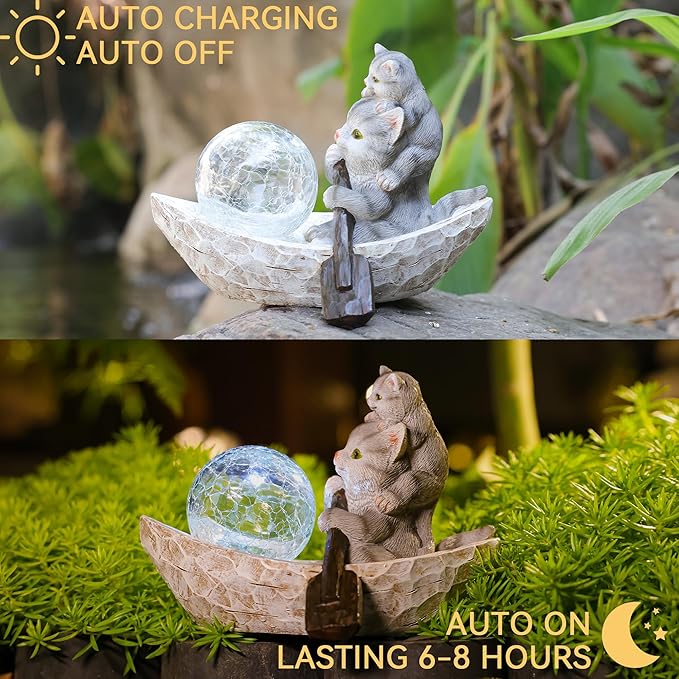Garden Statue of CatGarden Decor Cat FigurineCats Outdoor StatueSolar Decor for PatioBalconyYardLawn Ornament