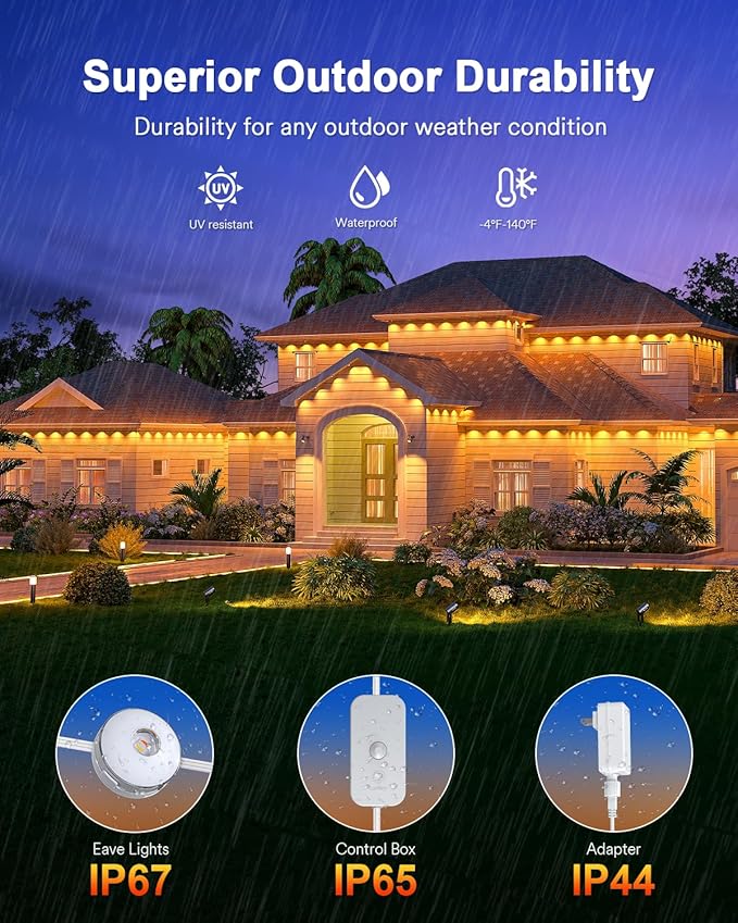 Lumary Permanent Outdoor Lights Max 105ft with 80 LED Eave Lights 4800LM RGBAICW Smart Outdoor Lighting IP67 Waterproof Scene Modes for Daily and Accent Lighting Works with Alexa/Google Assistant