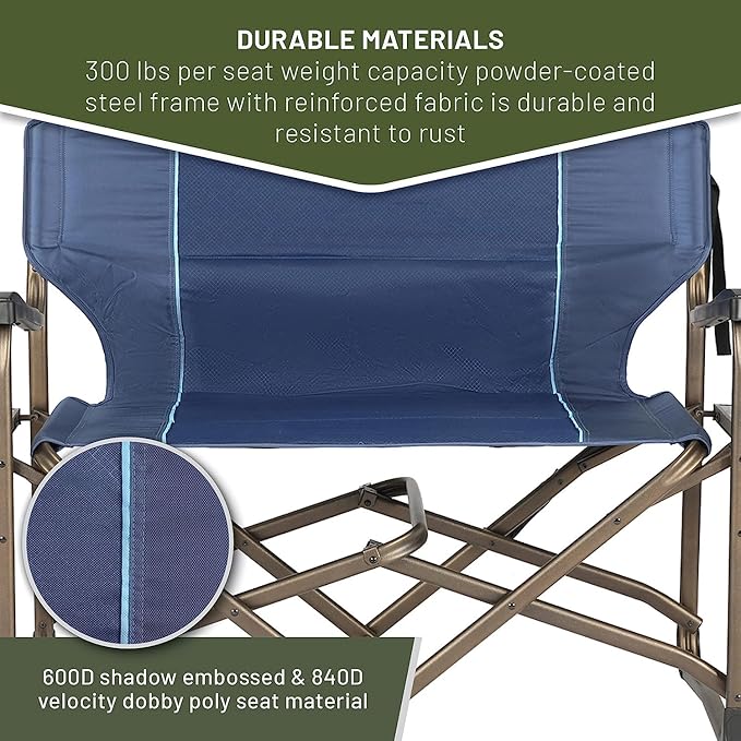 Timber Ridge Double Camping Chair Foldable Loveseat Directors Chairs Oversized Double Folding Camping Chairs with 2 Side Tables 2 Person Lawn Chair Heavy Duty Support 600 LBS for Outdoor Blue