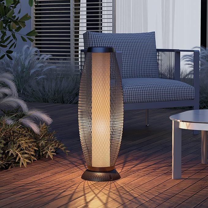 Solar Yard Solar Outdoor Floor Lamp Metal Wire Shade LED Modern Outdoor Flickering Lantern Weather Resistant for Balcony Porch Garden Pathway Black