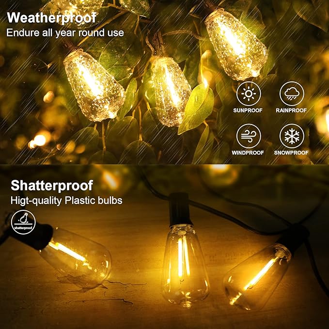RTTY Solar String Lights Outdoor Waterpoof 50ft with 25pcs Dimmable Shatterproof ST38 Vintage BulbRemote Solar Powered BistroCafe &amp Patio Lights