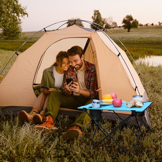 VILLEY Folding Camping Table Lightweight Portable Beach Table with 2 Cup Holders &amp Carry Bag for Camping Beach Fishing Travel and Outdoor Activities (Small)