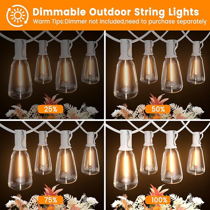 LED Outdoor String Lights 100ft ST38 White Waterproof Patio Lights with 50 Vintage Shatterproof Bulbs(3 Spare) Dimmable Outside Hanging Edison String Lights for Backyard Porch Balcony Warm White