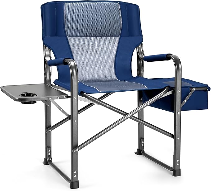 Camping Directors Chairs for Adults Heavy Duty with Table and Cooler Bag Oversized Portable Folding Chair for Beach Fishing Trip Picnic(Breathable Comfort Cushion Blue)
