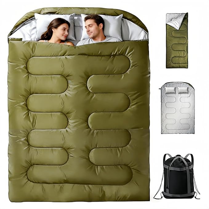Double Sleeping Bag for 2 Adults Convertible to 2 Single Bags 3-in-1 Waterproof Camping Bag with Pillows Machine Washable 6.6 lbs Lightweight 59x87 Inches