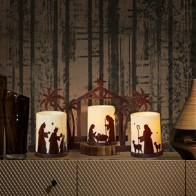 Holiday Nativity Candleholders Christmas Season - A Set Of 3 Flameless Christmas Nativity Scene Candles Holiday Home Decor Accents
