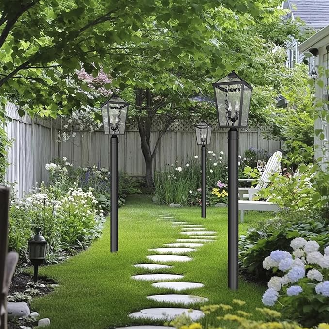 Treekee Outdoor Post Light Fixture Modern Black Pole Lantern with Water Ripple Glass &amp E12 Sockets Exterior Post Cap Lamp for Garden Pathway Courtyard Patio Porch Driveway Street