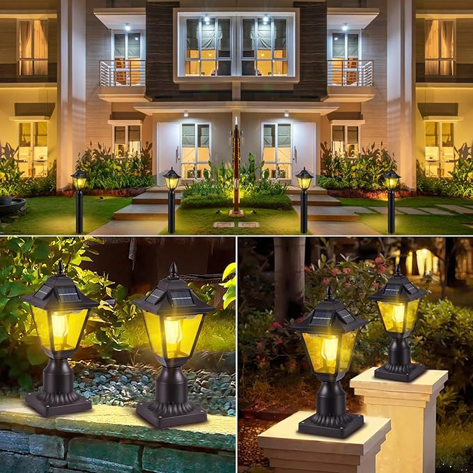 2 Pack Solar Post Lights Motion Sensor Solar Lamp Post Lights with Pier Mount Base Outdoor Waterproof Post Lantern for Yard Garden Pole Pillar