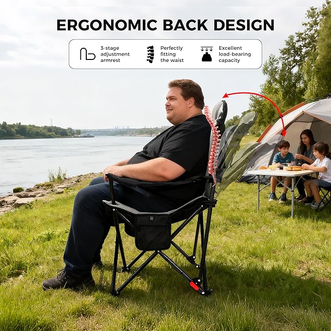 OUTSIDER Heated Camping Chair Heavy Duty 3-Position Folding Camp Chair with 3 Heat Levels Cup Holder &amp Side Storage - Outdoor Heating Camping Chair for Adults Supports 350lbsBattery Not Include