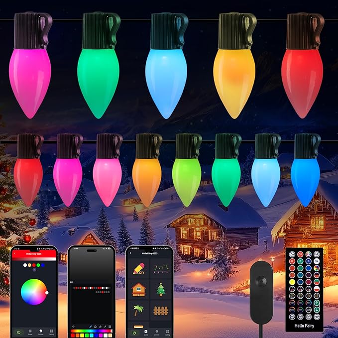 Brightown C9 LED Christmas Lights Outdoor 150 LED RGB Smart Christmas Tree Lights with Music Sync APP Controlled Waterproof Connectable C9 String Light for Indoor House Party Patio Garden Decor