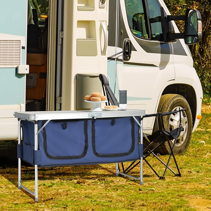 WEI WEI GLOBAL Outdoor Folding Table - Camping Table with Storage Compartment - Lightweight Aluminum Table - White