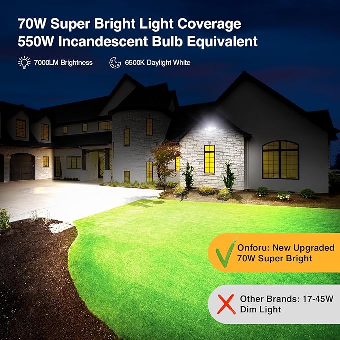 Onforu 70W Dusk to Dawn Outdoor Lighting7000LM Black Flood Lights OutdoorIP65 Waterproof Exterior Security LED Light3 Adjustable Heads Photocell Light Fixture6500K Floodlight for GaragePatioYard