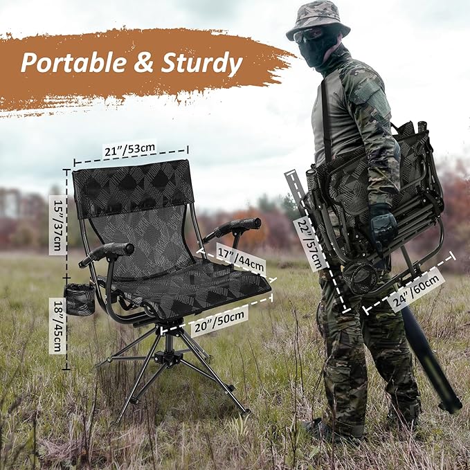REDCAMP 360° Swivel Hunting Chairs for Ground Blinds Portable Folding Camping Chairs for Adults Hunting Seats with Hard Arms for Fishing Camping Black