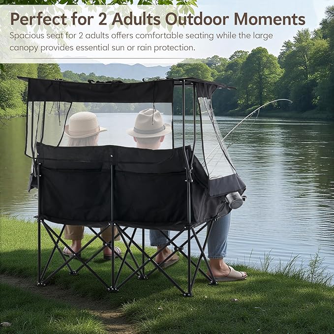TUKAILAi Double Camping Chair with Canopy Shade Oversized Folding 2 Person Loveseat with Cup Holders and Side Pockets Portable Outdoor Couch for Beach Lawn Picnic Fishing (Black + Grey)