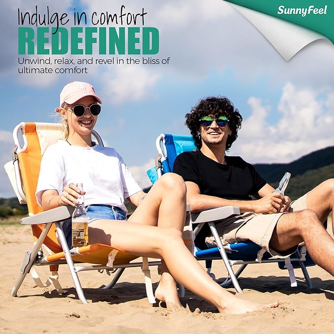 SUNNYFEEL Low Beach Chair 5 Position Lay Flat Portable Folding Backpack Beach Chairs Heavy Duty with Cooler Bag Cup Holder for Outdoor/Lawn/Trip/Picnic/Fishing Foldable Camping Chair