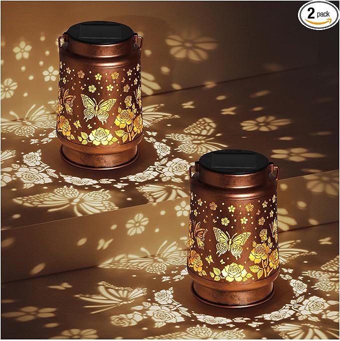 2 Pack Butterfly Solar Lanterns Outdoor Waterproof Rose Garden Decor Gifts for Women Mom Grandma Hanging Solar Lights Metal Lantern Decoration Outside for YardPatioBackyardPorch