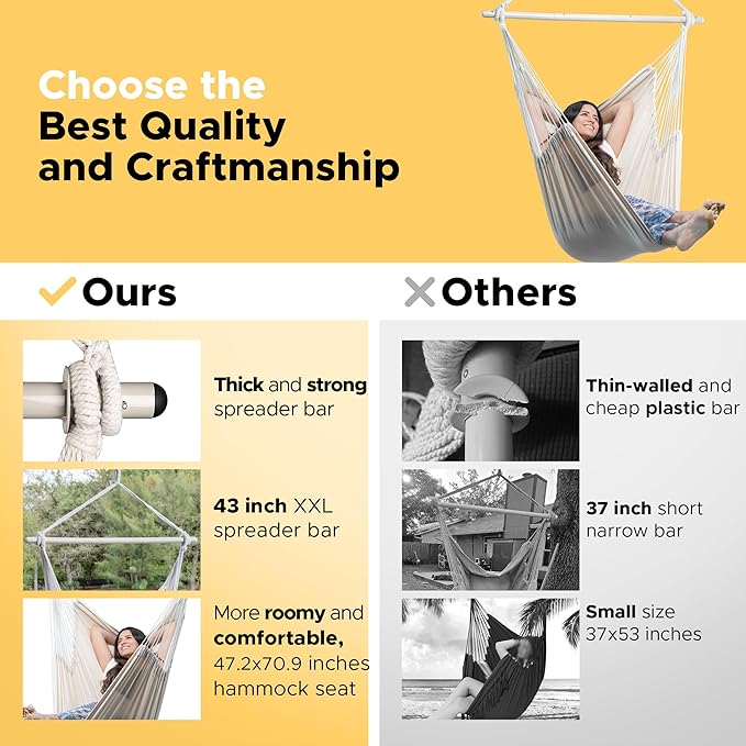 ADVOKAIR Hammock Chair Large 70.9x47.2 32% Bigger XXL Hanging Swing Chair with 500lbs Capacity Heavy Duty Steel Spreader Bar Extra Roomy Comfort for Adult Indoor Outdoor Bedroom Patio