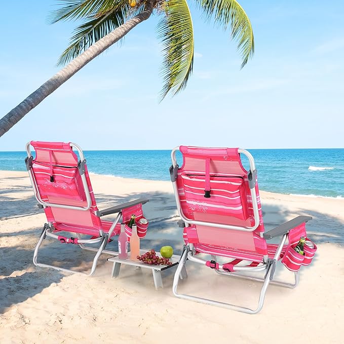 Tangkula Backpack Beach Chair with Table 5-Position Lay Flat Beach Chairs with Cooler Bag 2 Cup Holders Towel Bar Lightweight Low Folding Beach Chair with Backpack Straps