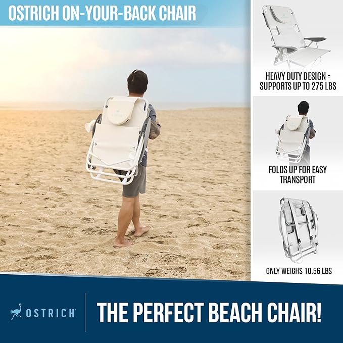 Ostrich Deluxe On Your Back Backpack Beach Chair with Face Hole - Portable Lounge Chair - Heavy Duty Tanning Chair - Face Down Reading (White)