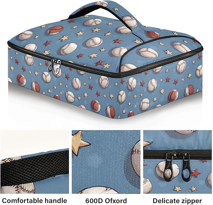 Casserole Carrier Baseball Pattern PrintInsulated Casserole Carrier for Hot or Cold Food Thermal Lunch Tote for Potluck Parties Picnic Beach Fits 9 x 13 Inches Baking Dish