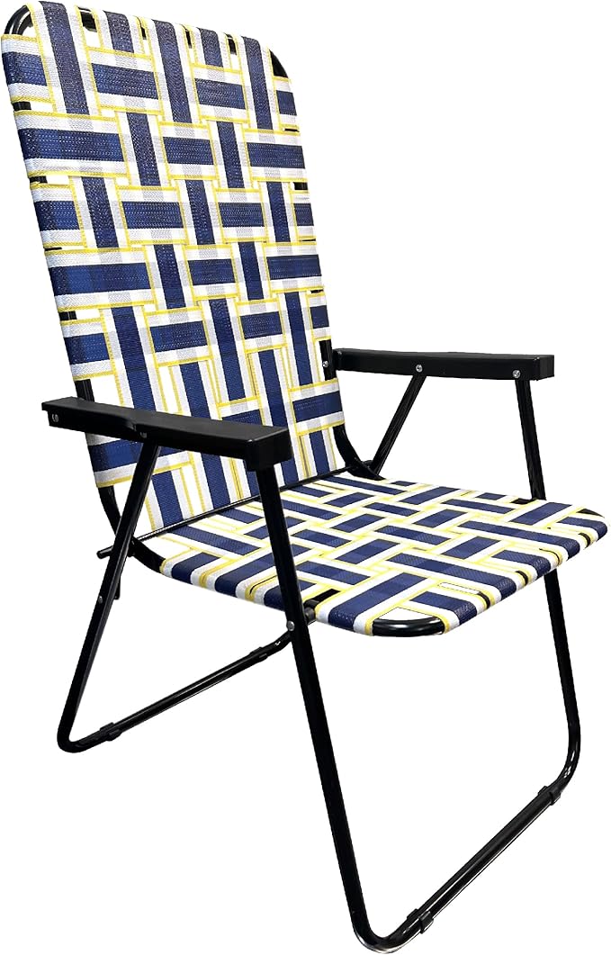 Lawn Chair Folding Steel Webbing Chaise Patio Lounger Seat Wood Handles Great for Camping Beach Fishing Backyard Stadium Pool Boating and Sports 1 Pack Blue/Yellow
