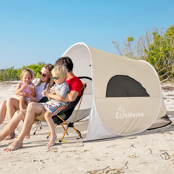 Wolfwise Pop up Beach Tent Sun Shelter with UPF50+ UV Protection Instant Easy Setup Popup Beach Shade Canopy for 3 Person Portable &amp Foldable with Carring Bag 87 ×57×47 in Beige