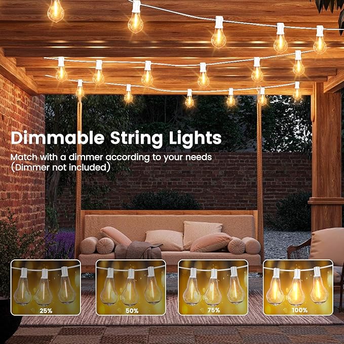 Outdoor String Lights 100FT LED Patio String Light String Lights for Outside with 53 LED Bulbs (3 Spare) White Outdoor Light for Yard Gazebo Pergola Porch Balcony White Cord