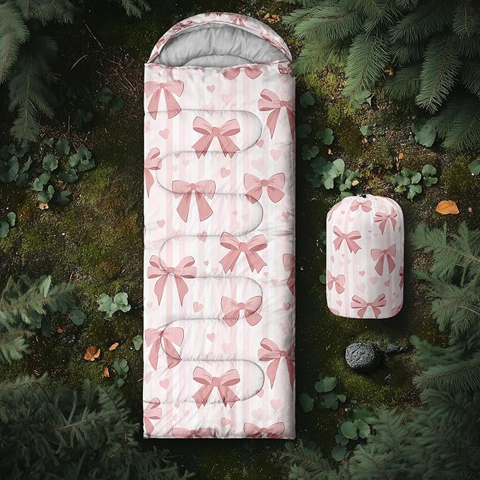 Pink Bow Sleeping BagGirly Princess Bowknot Camping Bag for Girls KidsPink and White Striped Lightweight Warm Portable Outdoor Indoor-Waterproof Cold Weather Resistant for Camping Hiking