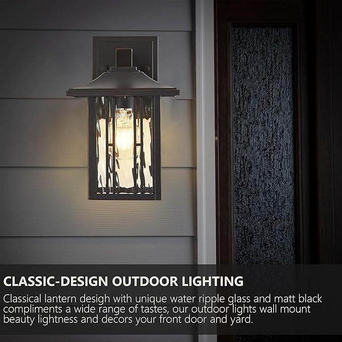 Outdoor Wall Lights Exterior Front Porch Lights Wall Sconce Wall Mount Waterproof Wall Lantern with Water Ripple Glass Oil Rubbed Bronze Light Fixtures for House Garage Patio 2-Pack