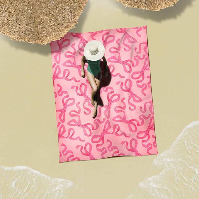 Sunlit Large Beach Blanket Waterproof Sand Proof 81 x106 Sand Free Beach Mat Anchored Pockets and Storage Bag for Travel Beach Camping Outdoor Festival Coquette Pink Bow