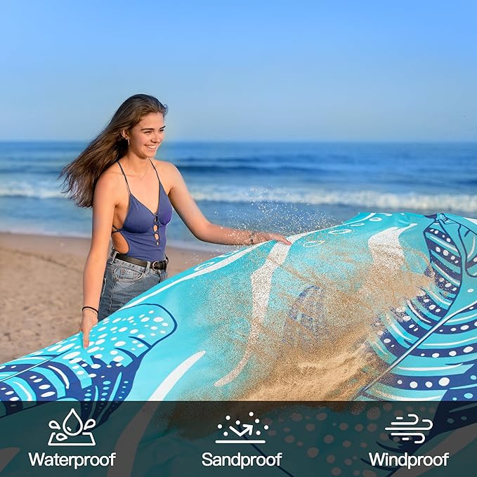 Shedoo Beach Blanket Waterproof Sandproof 9 Ft X 10 Ft Extra Large Sand Free Beach Mat Big Compact Lightweight Quick Drying Picnic Blanket with 4 Stakes &amp Pockets for Camping Travel Hiking