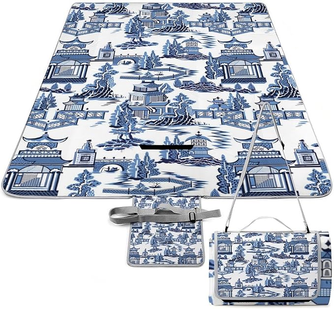 Blue and White Chinese Folk Chinoiserie Style Waterproof Outdoor Picnic Blanket Sandproof Beach Mat for Camping Hiking Grass Travelling