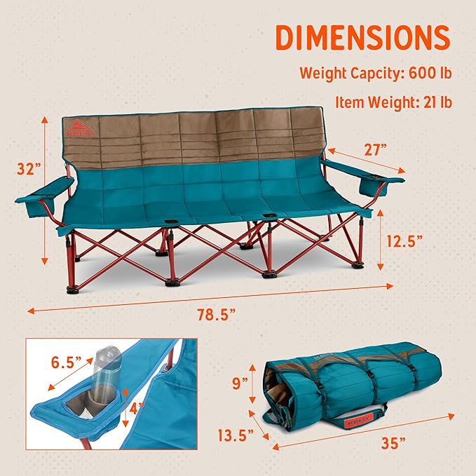 Kelty Lowdown Couch - 3 Person Capacity Camping Chair Extra Large and Sturdy Bench for Campsites Soccer Games and Backyard Parties
